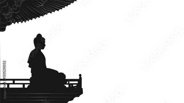 Fototapeta The image is a high-contrast black and white silhouette of a seated figure, possibly a statue, positioned on a structure that appears to be a temple or similar architectural element.  The figure is