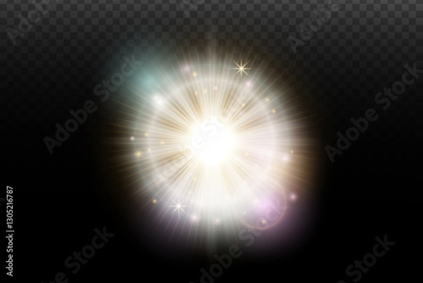 Fototapeta Light flash effect with flares and glow on a transparent background. Magical glow, shining light, star, optical flares for design, photomontage, New Year, and festive projects.