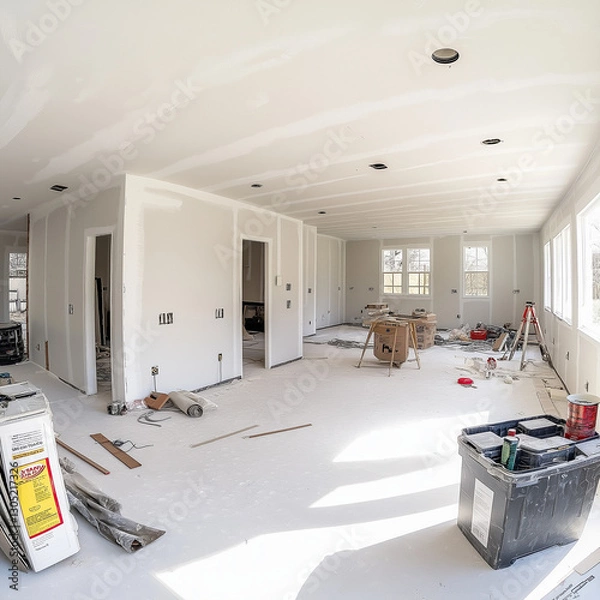 Obraz Unfinished house interior under construction. Drywall is installed, but painting and flooring are yet to be completed.