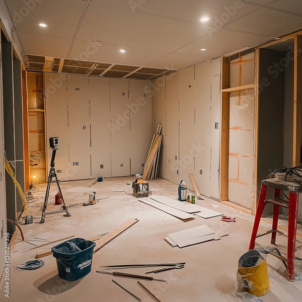 Fototapeta Unfinished room under construction. Drywall, tools, and materials scattered on the floor.
