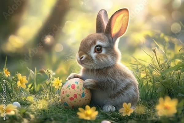 Obraz Cute bunny holding Easter egg in spring meadow