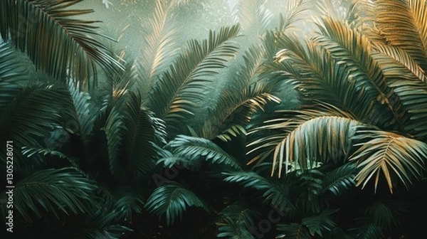 Fototapeta Prehistoric jungle wallpaper with towering cycads and golden light rolling through the misty pathways