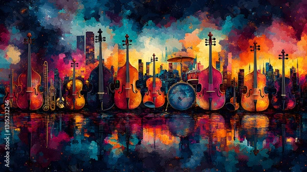 Obraz Colorful NYC skyline musical instruments reflection