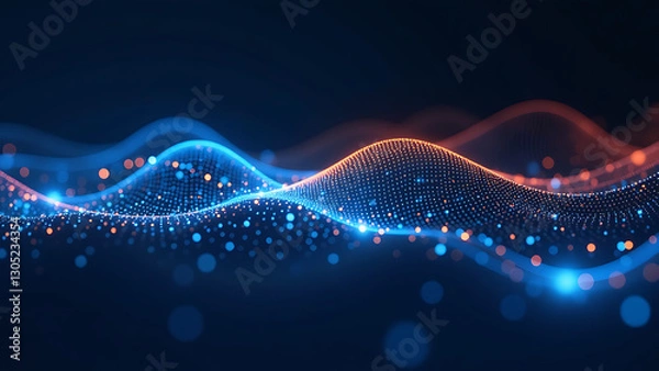 Fototapeta glowing blue orange dots move across dark digital