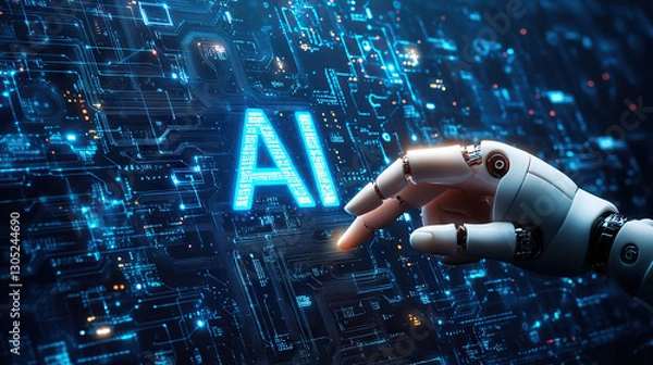 Obraz AI A.I. Artificial Intelligence hands pushing button in technology environment