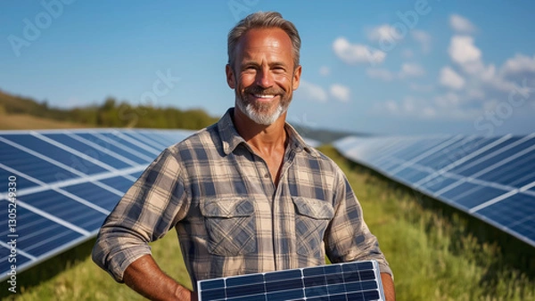 Obraz A smiling man standing and holding a solar panel with proudly at a solar farm representing the push for sustainable energy solutions, Clean energy and renewable energy concepts.