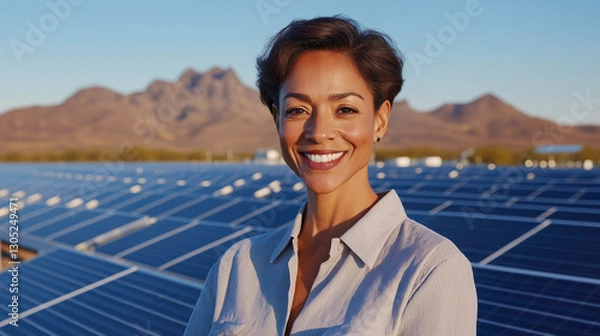 Obraz A smiling woman stands confidently among solar panels farm promoting renewable energy and sustainable practices and sustainability awareness.