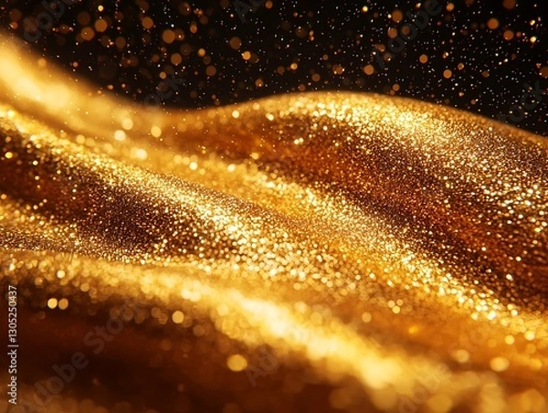 Fototapeta Glittering gold fabric swirls, dark background