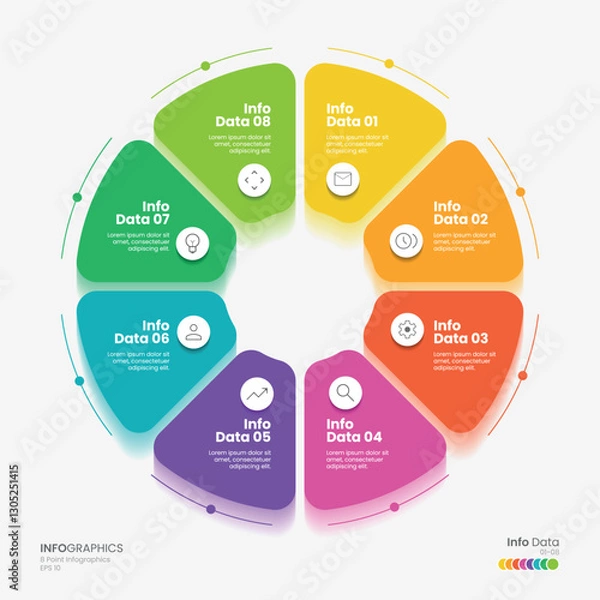 Obraz Business minimal Infographics template. 8 steps rounded timeline with options and marketing icons. Vector rounded infographic with eight circle connected elements. Design can be use for presentation.