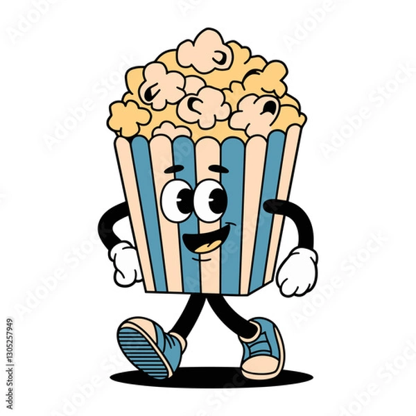 Fototapeta Retro cartoon character walking with a giant bucket of popcorn in a playful style