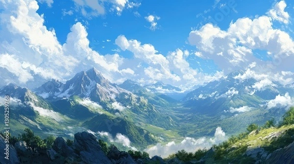 Fototapeta Majestic Mountain Landscape with Lush Green Valleys and Towering Peaks under a Sunny Blue Sky Filled with Fluffy White Clouds Capturing Nature's Serenity and Beauty