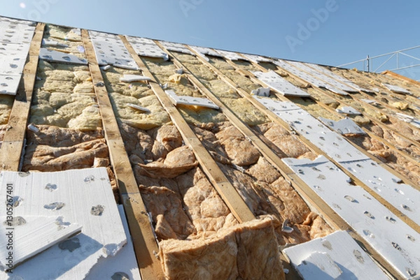 Fototapeta insulating wool fitted between the roof beams in front of the blue sky
