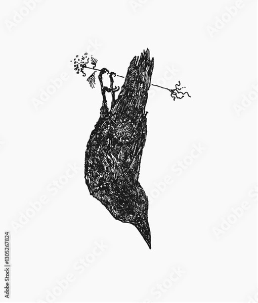 Fototapeta Detailed black and white hand-drawn illustration of a raven hanging upside down by its claws on a wire. The artwork is created in an engraving or etching style, emphasizing intricate textures and a vi