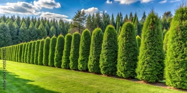 Fototapeta Hedge of green thuja on a sunny day surrounded by landscaped yard among pine trees