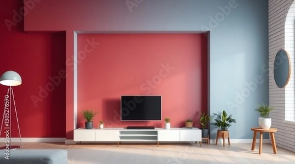 Fototapeta Red Wall Living Room: Modern Interior & TV - Contemporary Design & Home Decor