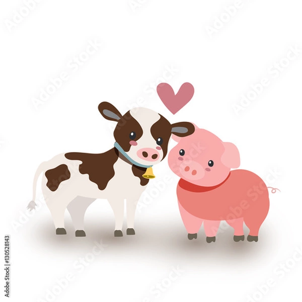 Obraz A Cow and a Pig In Love on White Background