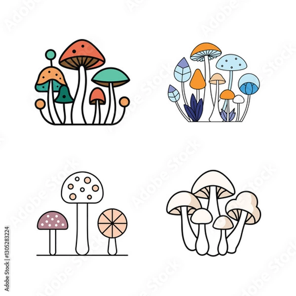 Fototapeta Set of mushroom vector art drawing.