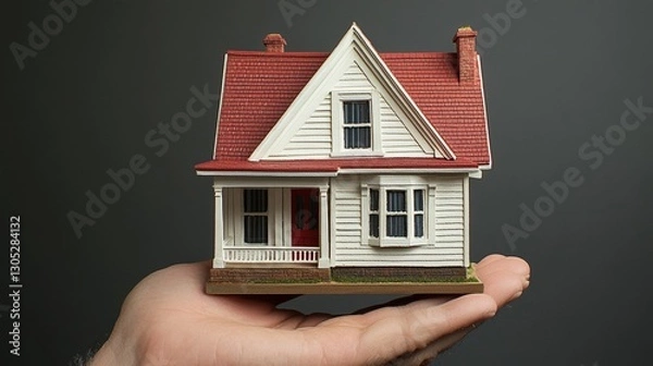 Obraz Realistic miniature of a Victorian-style home with red roof, held in a hand. Perfect for real estate, investments, and home buying.