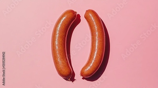 Obraz Two glossy sausages placed symmetrically on a pastel pink background. Conceptual food photography with bold colors and minimalism.