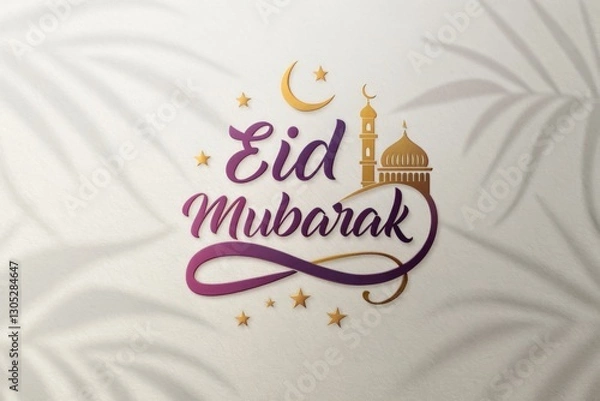 Fototapeta Elegant Eid Mubarak greeting card design with mosque and crescent moon.