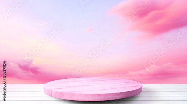 Fototapeta A 3d rendering landscape model of a pink sandbox with a circle display platform on the floor and cloudy sky like heaven background
