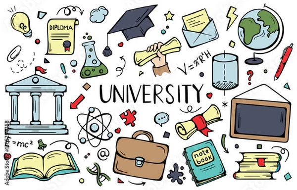 Fototapeta University. Bright vector set of icons, signs and symbols of learning, school, college, education. Simple hand-drawn elements for stickers, prints, banner, design