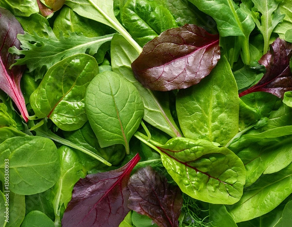 Fototapeta salad leaves texture mixed salad leaves with spinach chard lettuce rucola as a background flat lay top view