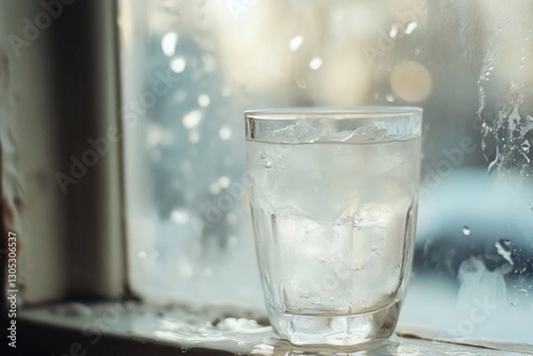 Fototapeta Transparent glass filled with ice sits on a windowsill with condensation and a soft, blurred outdoor background during warm sunlight