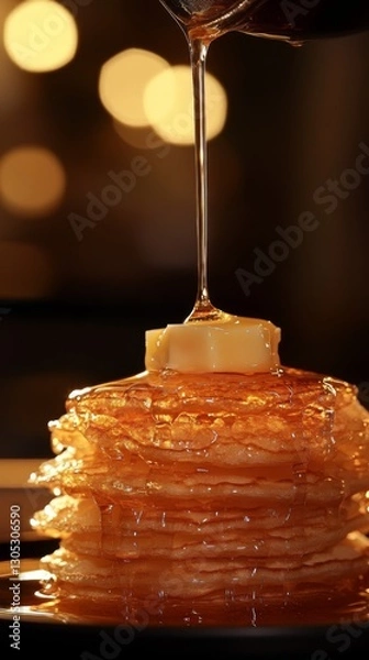 Fototapeta Deliciously stacked pancakes topped with melting butter and drizzled with syrup. A tempting visual treat perfect for breakfast lovers. Indulge in this delightful moment. Generative AI.