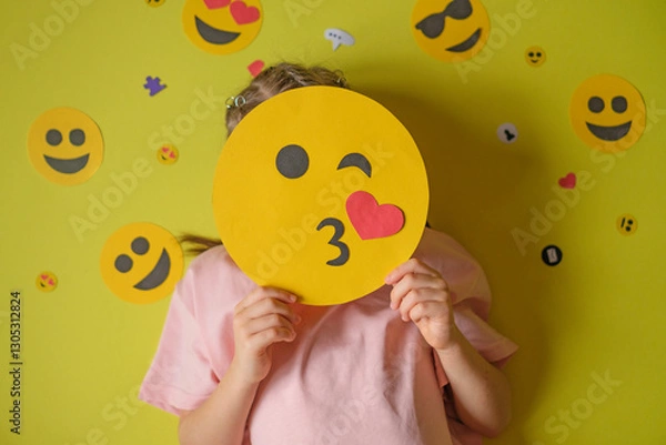 Obraz The child holds smiley face that sends an air kiss. The girl is surrounded by a lot of emoticons. The concept of problem of influence of social networks and social media on psychology of adolescents