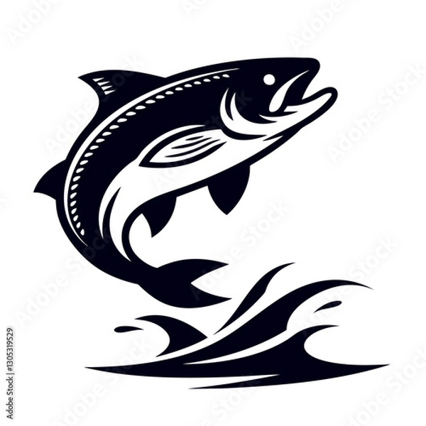 Fototapeta Blue stylized silhouette of a fish leaping out of water with splashes, representing fishing, nature, wildlife, or marine themes. Generative by Ai