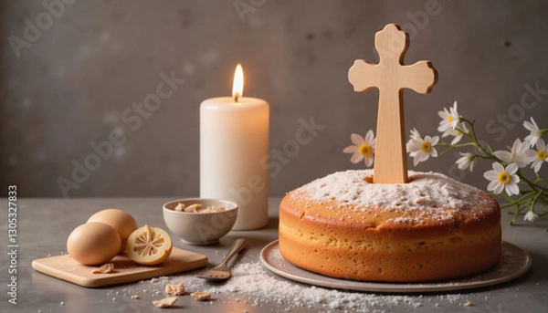 Fototapeta Traditional Easter cake dusted with powdered sugar, featuring a cross decoration, surrounded by candles and fresh spring flowers