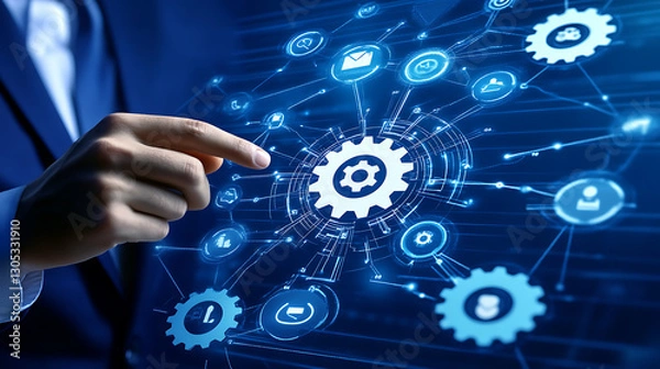 Fototapeta Innovative Tech Network Businessman Connecting Digital Gears Data Flow and Automation Solutions in Modern Business Technological Advancement Era