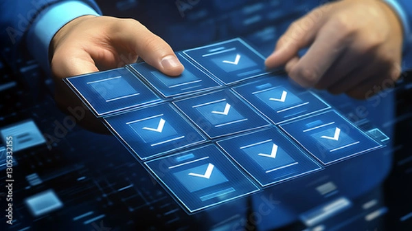 Obraz Business Tech Confirmation Check Marks on Digital Grid Futuristic Modern Interface Progress Validation Software Agreement Approved Tasks Concept