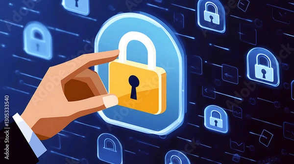 Fototapeta Digital Security Technology Solutions Cyber Data Protection Services Business Strategy Padlock Golden with Hand on Blue Futuristic Background Online Safety