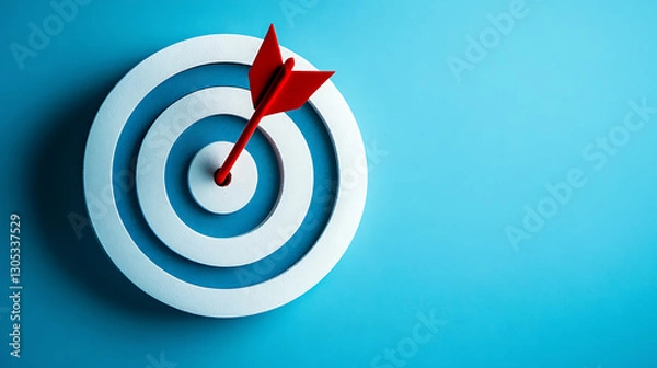 Fototapeta Target Achieved Business Success Arrow on Bullseye Strategy Reaching Goal Concept Blue Background Success Driven Targeting Solution Precision Point Focus