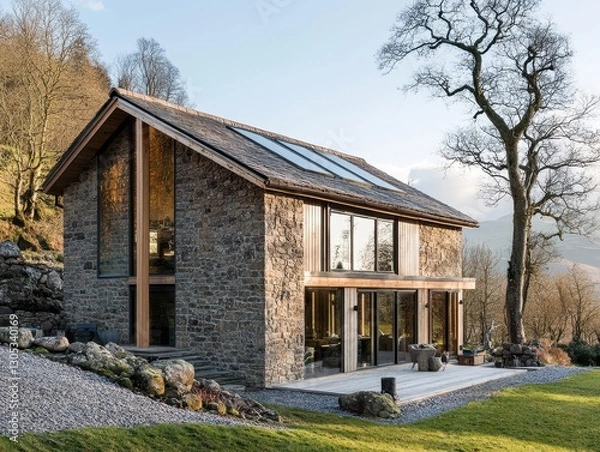 Fototapeta A modern stone house with large windows and a tree