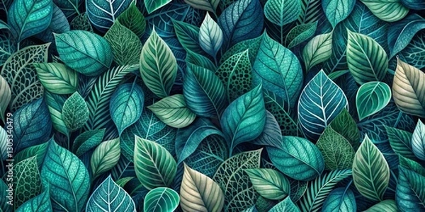 Fototapeta Deep Teal and Emerald Green Lush Foliage Seamless Pattern, Botanical Illustration with Intricate Leaf Details for Textile, Wallpaper, or Surface Design