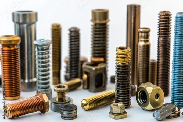 Fototapeta Collection of various types of fasteners with contrasting colors and textures on a neutral background