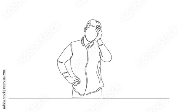 Fototapeta Continuous line drawing of man frustration, feeling sad, depression, holding head. Person holding head in simple outline illustration.