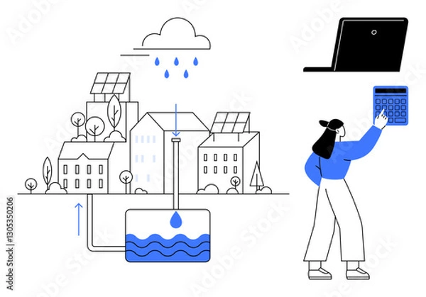 Obraz Urban buildings with solar panels, rainwater harvesting system, woman using calculator and laptop. Ideal for sustainability, renewable energy, urban planning, eco-friendly tech, resource management
