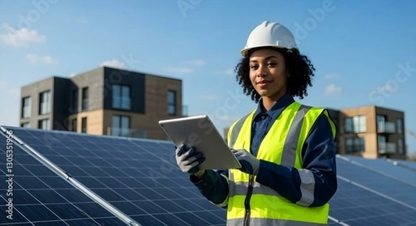Fototapeta A Black female engineer wearing a hard hat and safety vest stands in a roof inspecting a sola panel installation, holding a tablet.	