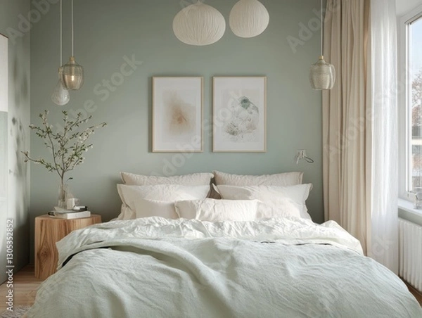 Fototapeta A comfortable bedroom is displaying modern aesthetic decor and furniture