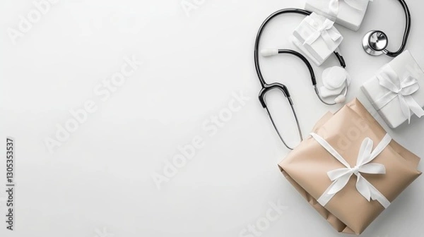 Fototapeta Medical supplies are neatly arranged in a brown paper bag alongside a stethoscope on a clean white table, ideal for online orders