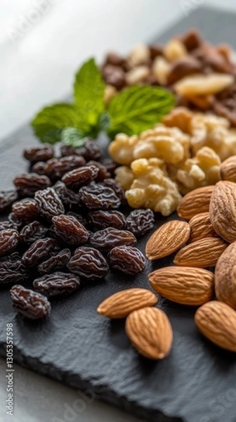 Fototapeta Closeup of assorted nuts and raisins on dark slate