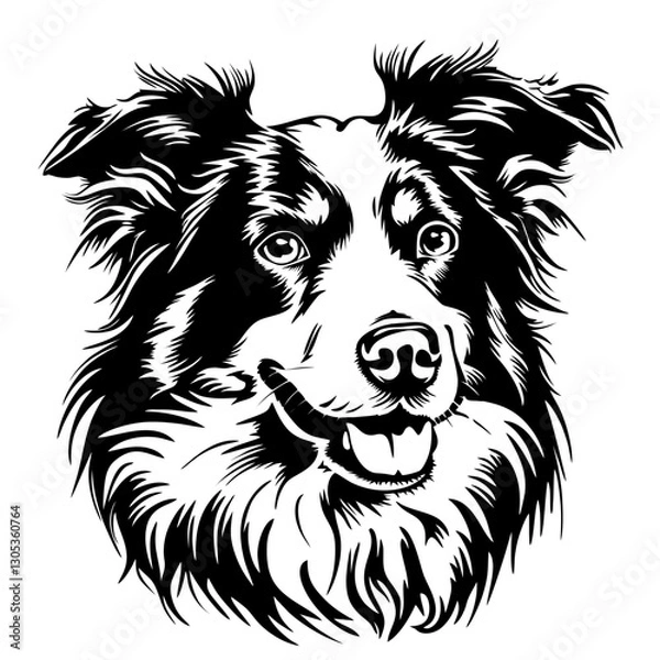 Fototapeta AUSTRALIAN shepherd dog Intricate black and white illustration of a fluffy dog with expressive eyes