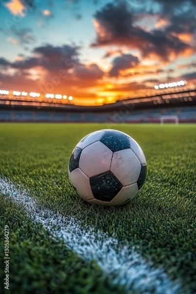 Fototapeta A soccer ball is sitting on the grass next to a white line