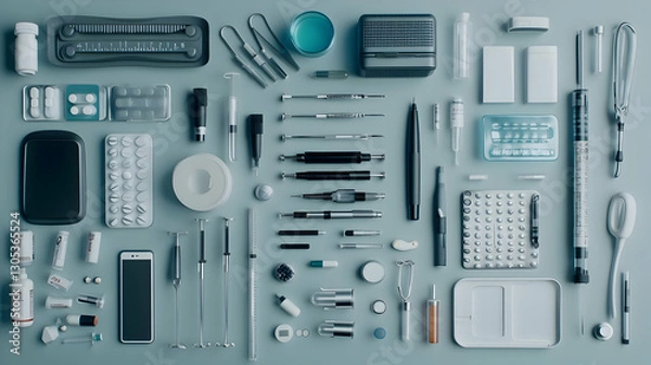 Obraz Medical Equipment and Supplies Arrangement on Gray Background