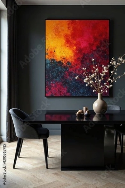 Fototapeta Polished black dining table, abstract art, ambient lighting, room, home, design