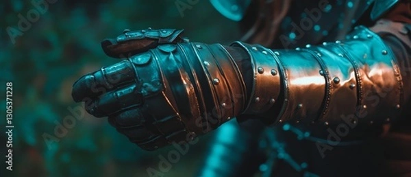 Fototapeta Close-up of intricately designed armored gloves, reflecting an aura of medieval chivalry and craftsmanship, set in a mysterious dim light.